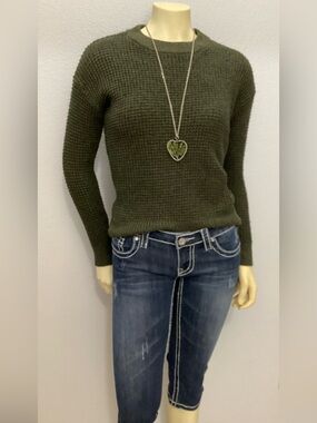 Time and Tru Olive Green Waffle-Knit Crewneck Sweater